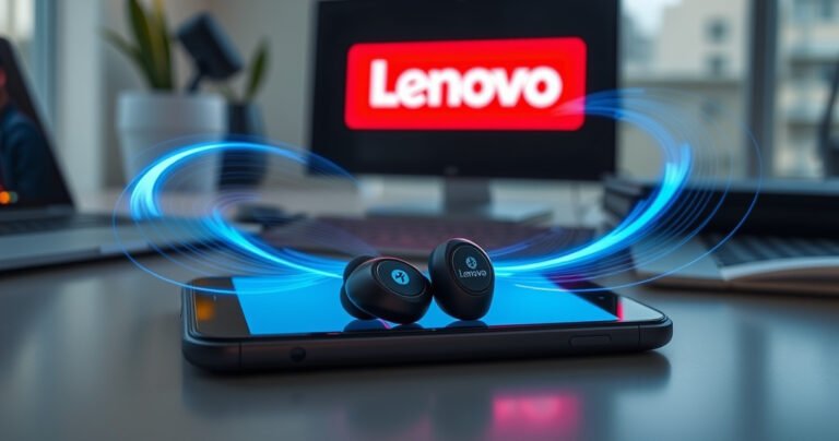 A sleek pair of Lenovo ThinkPlus earbuds nestled in a modern workspace, surrounded by a smartphone displaying a Bluetooth connection screen, vibrant sound waves swirling around, and a glowing Lenovo logo in the background, conveying a sense of seamless technology and connectivity in a stylish, tech-savvy environment.
