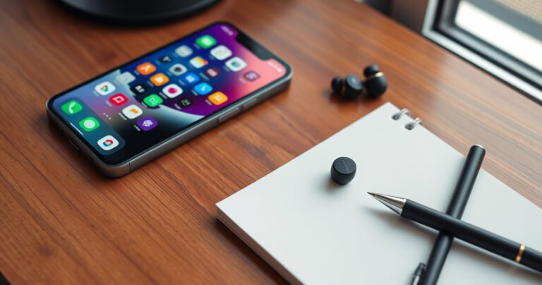 A sleek, modern iPhone with vibrant icons glowing on its screen sits atop a wooden desk, beside a pair of elegant Lenovo ThinkPlus Earbuds. Soft morning light filters through a nearby window, reflecting off the earbuds' glossy surface, while a notepad and pen hint at a tech-savvy workspace, inviting exploration and connection.