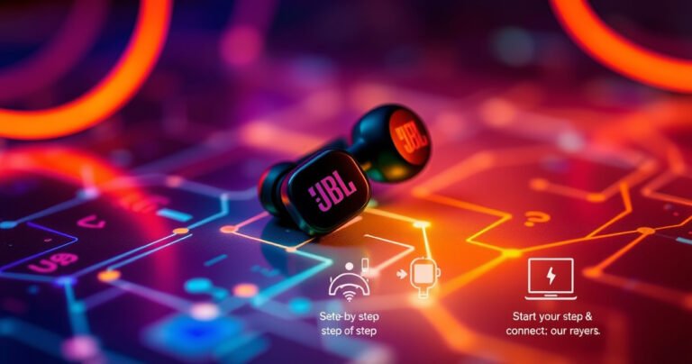 A close-up of a pair of sleek JBL earbuds resting on a vibrant, tech-themed background, surrounded by glowing connection symbols and illustrated step-by-step icons for setup, with a warm and inviting ambiance, highlighting ease of use and modern technology.