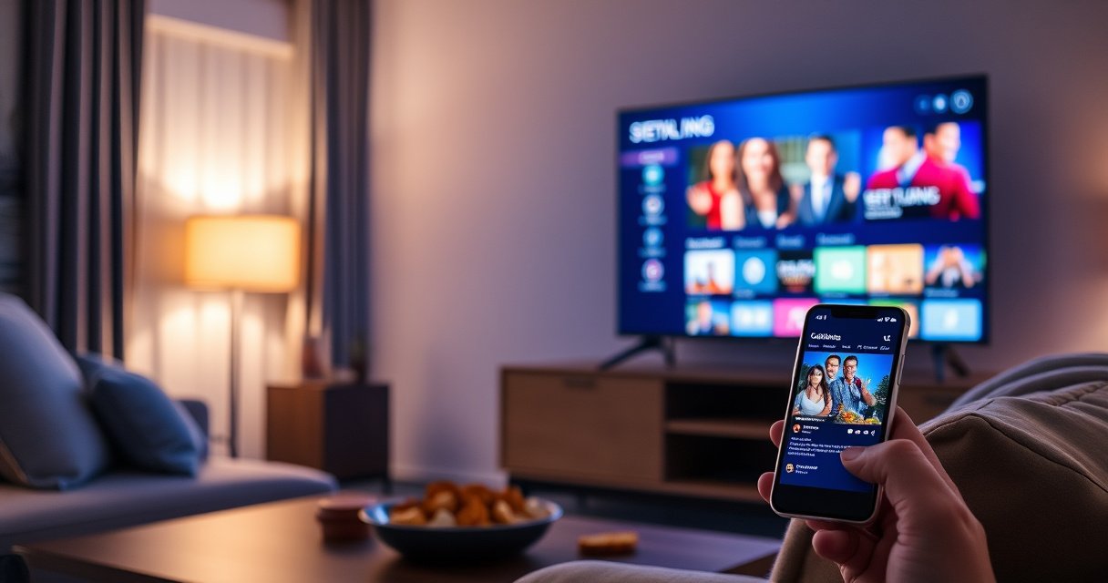 A cozy living room scene featuring a sleek smart TV displaying vibrant streaming content, with a smartphone nearby showcasing a connection screen. Soft ambient lighting highlights a comfortable couch and a coffee table filled with snacks, creating an inviting atmosphere that captures the ease of modern home entertainment and technology integration.
