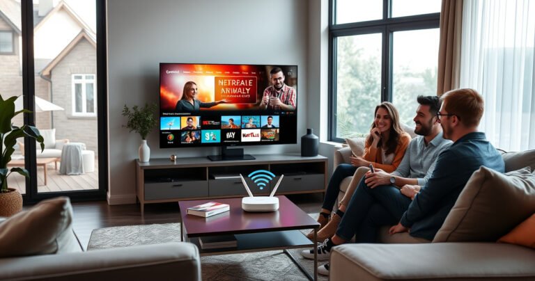 A sleek modern living room featuring a Samsung Smart TV with vibrant streaming content on the screen, surrounded by cozy furniture, a stylish coffee table, and a glowing Wi-Fi router nearby. Soft natural light filters through large windows, illuminating a joyful family gathered around, engaged in connecting their TV to the internet with smiles and excitement.