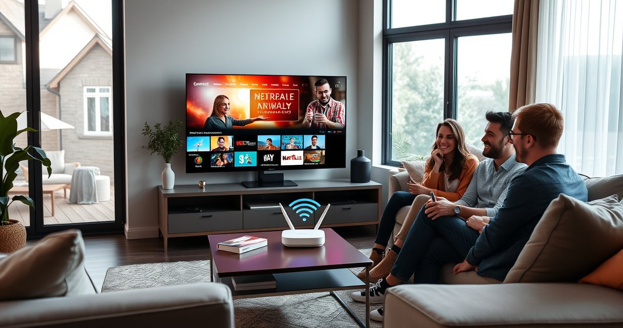 A sleek modern living room featuring a Samsung Smart TV with vibrant streaming content on the screen, surrounded by cozy furniture, a stylish coffee table, and a glowing Wi-Fi router nearby. Soft natural light filters through large windows, illuminating a joyful family gathered around, engaged in connecting their TV to the internet with smiles and excitement.