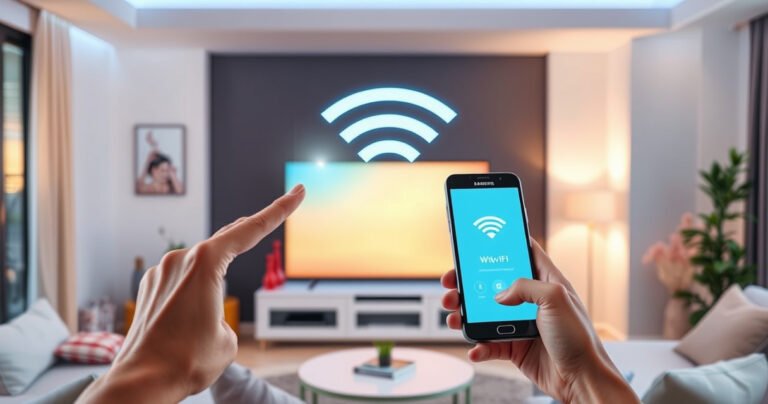 A sleek Samsung Smart TV glowing in a modern living room, surrounded by cozy furniture and soft ambient lighting. Visible Wi-Fi signal bars float above the TV, symbolizing connectivity. A hand reaches out to touch a smartphone displaying a Wi-Fi connection screen, emphasizing the theme of technology and connection in a stylish, inviting home setting.