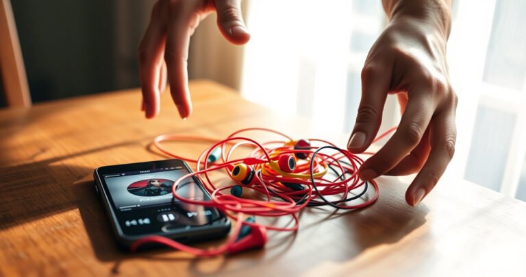 A close-up of vibrant Skullcandy earbuds resting on a wooden table, tangled in colorful cables, surrounded by a smartphone displaying a music app. Soft natural light filters through a nearby window, casting gentle shadows, while a pair of hands gracefully reaches for the earbuds, emphasizing an inviting, tech-savvy atmosphere.