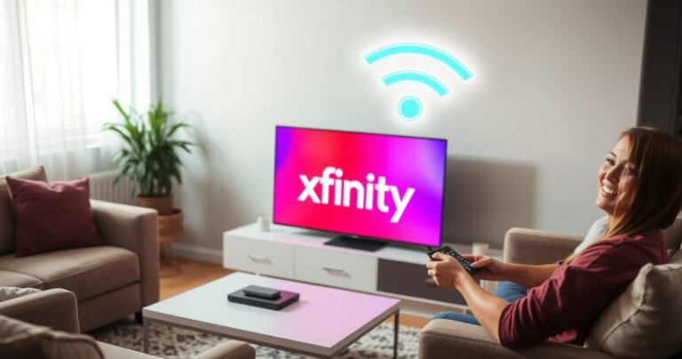 A cozy living room with a sleek smart TV displaying a vibrant Xfinity logo, surrounded by plush couches and a modern coffee table. A glowing WiFi symbol hovers above, while a person with a remote smiles, effortlessly connecting to the internet. Soft light filters through a window, creating an inviting atmosphere of technology and comfort.