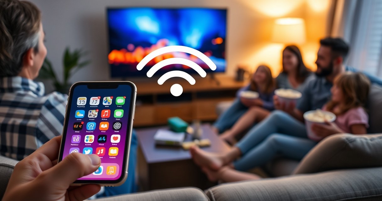 A sleek iPhone displaying bright app icons, casting a vibrant reflection on a modern smart TV screen. The room is cozy, with soft lighting and a stylish sofa, while a wireless signal icon glows between the devices, symbolizing seamless connectivity. A joyful family is gathered, engaged in a movie night, with popcorn bowls in hand.