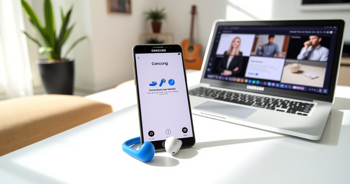 A modern workspace featuring a sleek smartphone displaying the Samsung earbuds setup screen, vibrant blue and white earbuds resting beside it, a cozy, sunlit room with minimalistic decor, and an open laptop with tech tutorials on the screen, creating an inviting atmosphere for tech enthusiasts eager to connect their new devices.