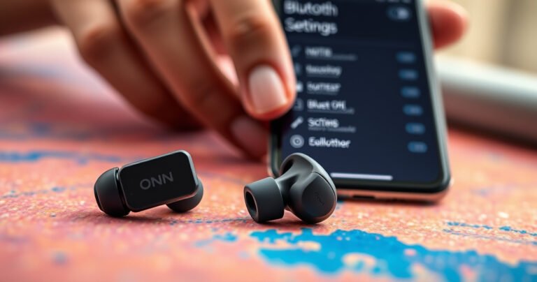A close-up of sleek ONN earbuds resting on a vibrant, textured surface, with a smartphone displaying a Bluetooth settings screen in the background. Soft, warm lighting highlights the earbuds’ modern design, while a hand reaches towards the phone, symbolizing connection. A subtle hint of sound waves emanates from the earbuds, suggesting audio clarity and excitement.