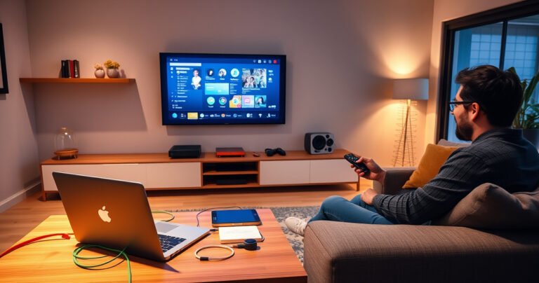 A sleek modern living room featuring a large smart TV displaying a digital interface, a stylish laptop wirelessly connecting to the TV, colorful cables casually draped, a cozy sofa with tech gadgets on a wooden coffee table, warm ambient lighting, and a person happily navigating the setup with an intuitive remote control.