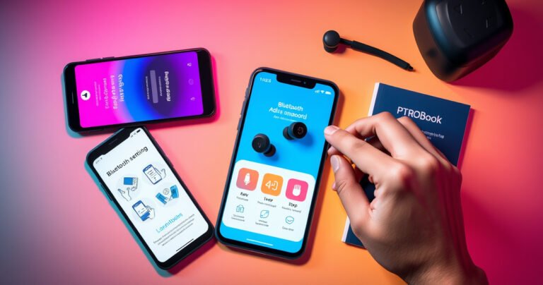 A stylish flat lay of sleek PTron earbuds on a vibrant, tech-themed background. Surrounding the earbuds are colorful smartphone screens displaying Bluetooth settings, illustrated step-by-step visuals, and a modern guidebook. Soft ambient lighting enhances the tech-savvy vibe, while a hand reaches in to grab the earbuds, symbolizing seamless connectivity and ease of use.