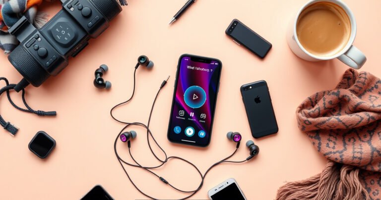 A vibrant, colorful flat lay of trendy Packed Party earbuds surrounded by scattered tech gadgets, a smartphone displaying a connection screen, and cozy accessories like a stylish scarf and a steaming cup of coffee, all on a soft pastel background, evoking a sense of modern lifestyle and easy connectivity.