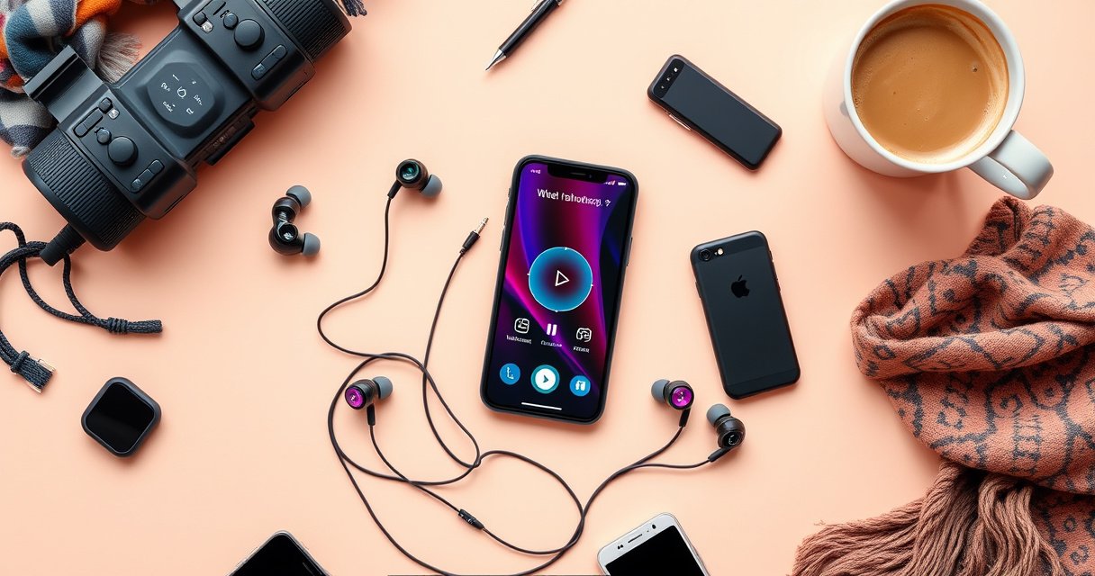 A vibrant, colorful flat lay of trendy Packed Party earbuds surrounded by scattered tech gadgets, a smartphone displaying a connection screen, and cozy accessories like a stylish scarf and a steaming cup of coffee, all on a soft pastel background, evoking a sense of modern lifestyle and easy connectivity.