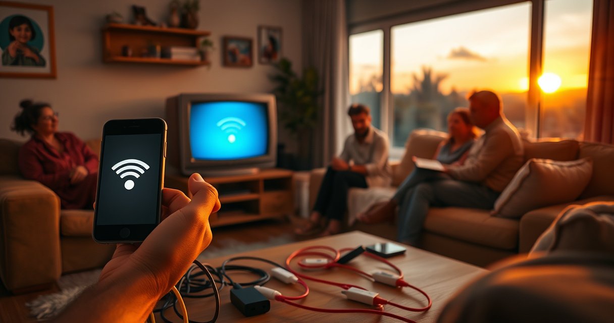 A cozy living room scene featuring a family gathered around a classic non-smart TV, a smartphone glowing with a wireless connection symbol in hand, colorful cables and adapters scattered on a coffee table, soft warm lighting illuminating the room, and a large window showing a sunset, creating a warm, inviting atmosphere for tech-savvy connections.