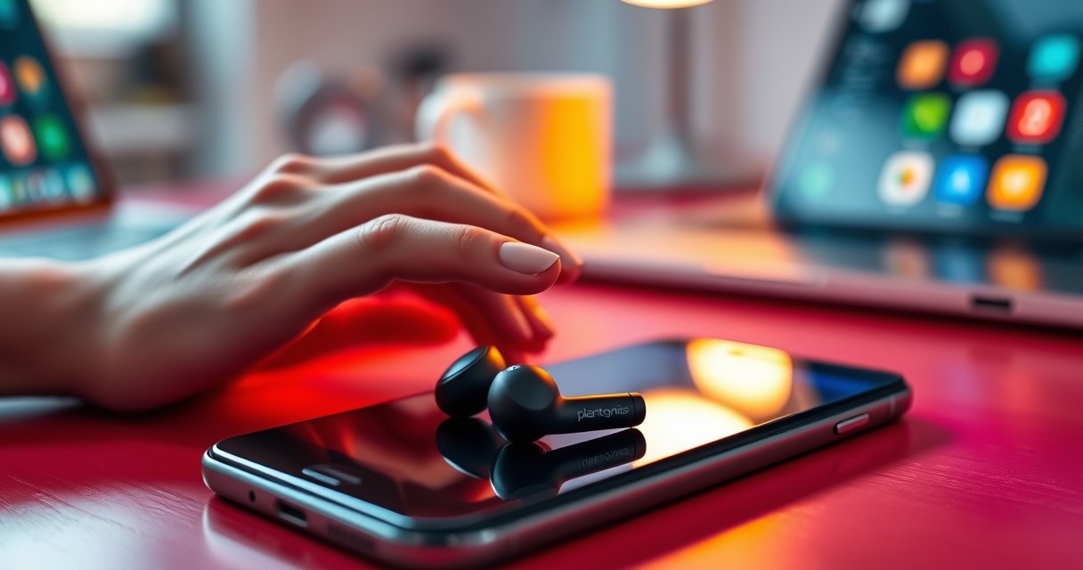 A close-up of sleek Plantronics earbuds resting on a vibrant, modern workspace, surrounded by a glowing smartphone and a laptop, with colorful app icons softly illuminated in the background, creating a tech-savvy ambience. A hand reaches towards the earbuds, symbolizing the seamless connection process, while light reflects off the earbuds' polished surface, emphasizing their design and functionality.