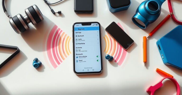 A stylish flat lay featuring Raycon earbuds prominently displayed next to a smartphone with a Bluetooth settings screen open, colorful soundwaves radiating around them, and vibrant, modern tech accessories scattered in an organized manner. Soft natural light illuminates the scene, creating a sleek, inviting atmosphere that conveys the ease of connecting earbuds.