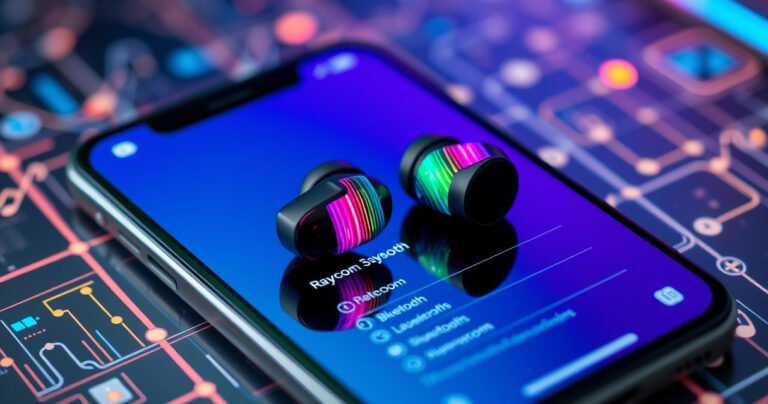 A close-up of vibrant Raycon earbuds on a sleek smartphone screen displaying Bluetooth settings, with colorful waves of sound visually emanating from the earbuds, surrounded by a modern, tech-inspired background featuring subtle hints of music notes and digital connections, highlighting the seamless integration of technology and sound.
