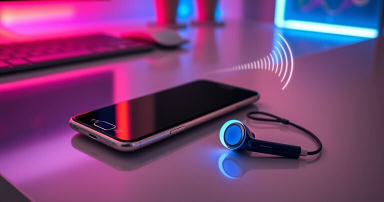 A stylish Samsung phone resting on a sleek surface, with vibrant Raycon earbuds beside it, glowing softly. The background features a modern, tech-inspired workspace with colorful light accents, showcasing a seamless connection between technology and lifestyle, while digital sound waves visually emanate from the earbuds, symbolizing a harmonious audio experience.