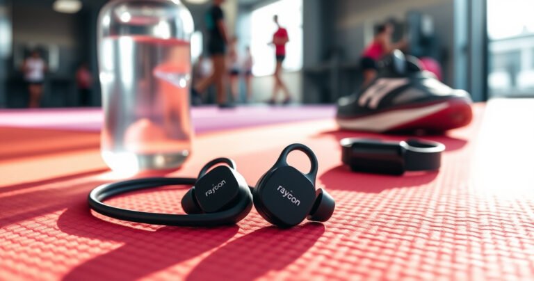 A close-up of sleek Raycon fitness earbuds resting on a vibrant gym mat, surrounded by a water bottle, a smartwatch, and a pair of running shoes. Soft sunlight streams in, highlighting the earbuds' modern design while a blurred background features a busy gym setting, evoking a sense of motivation and energy.