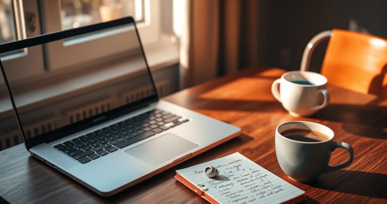 A sleek silver laptop open on a cozy wooden desk, beside it a pair of elegant Samsung earbuds with a soft glow. Warm light filters through a nearby window, casting gentle shadows, while a notepad with handwritten instructions and a cup of steaming coffee complete the inviting tech setup scene.