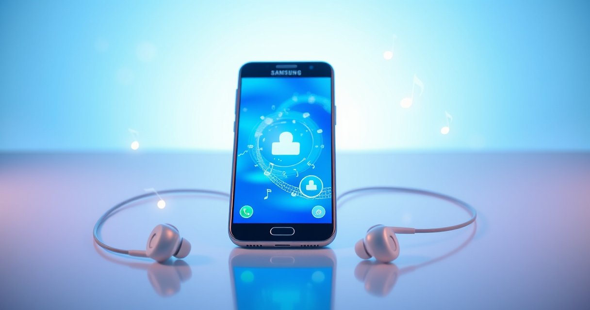 A sleek, modern Samsung phone displaying a vibrant connection screen, surrounded by glowing Samsung earbuds. The background features a soft gradient of blue and white, symbolizing seamless connectivity. Light reflections create a dynamic, tech-savvy atmosphere, with subtle hints of music notes floating around, suggesting audio freedom and wireless convenience.