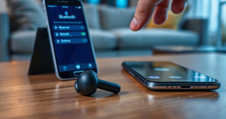 A close-up view of sleek Samsung earbuds resting on a wooden table, with an iPhone displaying the Bluetooth settings screen nearby. Soft ambient light highlights the earbuds' glossy finish, while a hand reaches towards the phone, symbolizing the connection process. In the background, a cozy, modern living space adds a touch of warmth and technology.