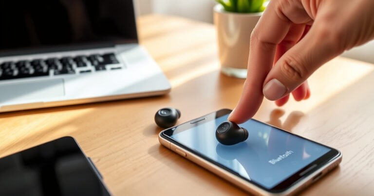 A close-up of sleek Sennheiser earbuds resting on a modern wooden desk, surrounded by a smartphone, a laptop, and a vibrant potted plant. Soft, natural light illuminates the scene, highlighting the earbuds’ elegant design while a hand gestures towards the phone's Bluetooth settings, symbolizing quick and easy connectivity.