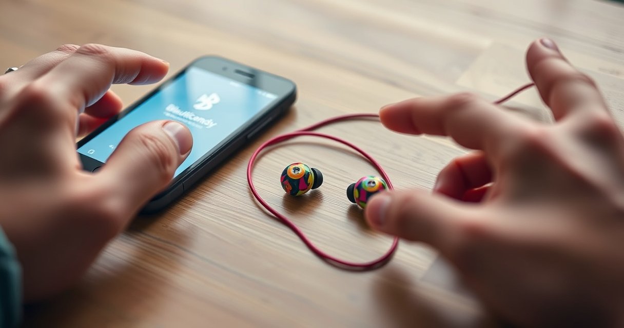 A close-up of vibrant Skullcandy earbuds resting on a wooden table, surrounded by a glowing smartphone displaying a Bluetooth pairing screen. Soft ambient light highlights the earbuds' unique design, with colorful patterns and textures, while a pair of hands gestures towards the phone, illustrating an easy, engaging tech connection moment.