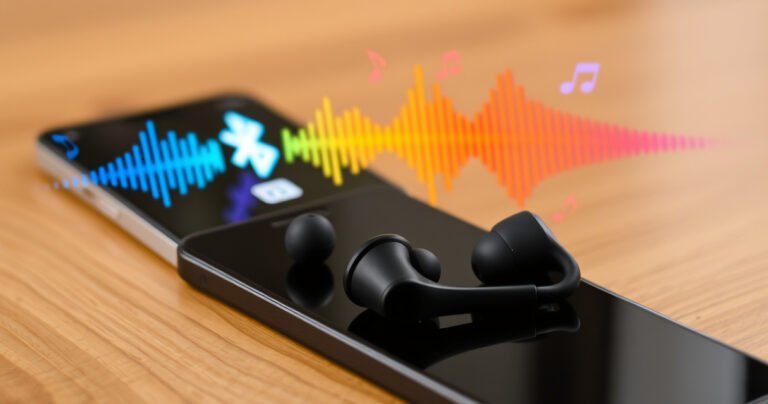 A close-up of sleek Skullcandy earbuds resting on a wooden table, surrounded by vibrant sound waves illustrated in bright colors. A smartphone with a glowing Bluetooth icon is nearby, highlighting the pairing process. The background features soft, blurred music notes, creating an energetic and inviting atmosphere that emphasizes connectivity and sound.