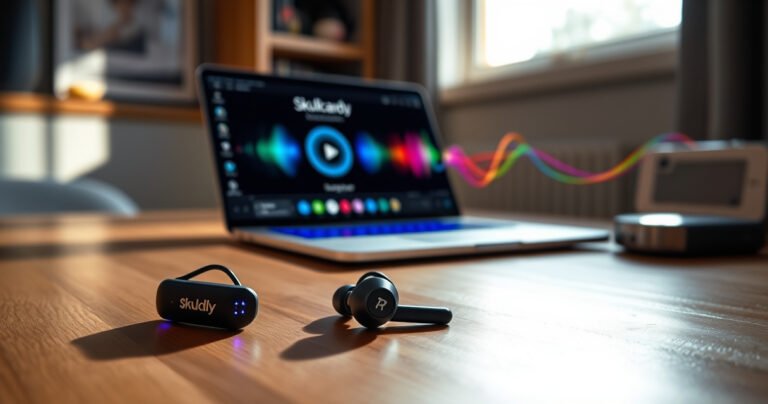 A sleek pair of Skullcandy wireless earbuds rests on a modern wooden desk, glowing softly with blue LED lights. A laptop displays a vibrant connection interface, surrounded by colorful sound waves swirling in the air. Sunlight streams through a nearby window, illuminating the earbuds and creating a tech-savvy, inviting atmosphere perfect for music lovers.