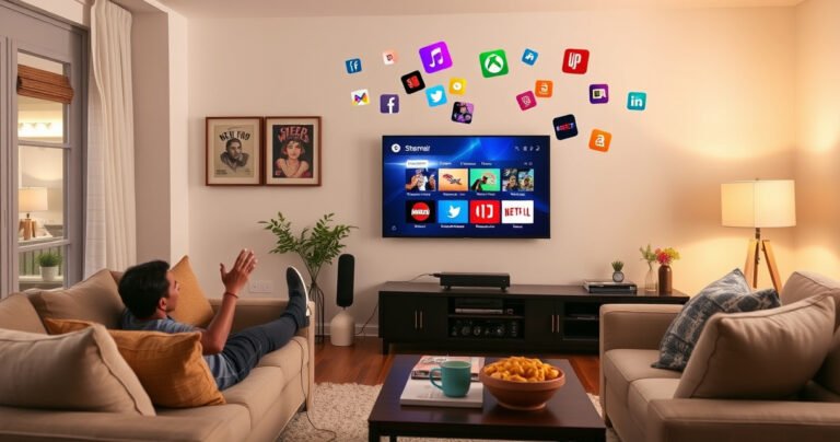 A cozy living room with a modern smart TV displaying vibrant streaming options, a person happily connecting cables, colorful streaming app icons floating in the air, plush sofas, warm lighting, and snacks on a table, evoking a sense of excitement and comfort in the journey of setting up home entertainment.