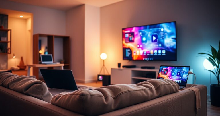 A modern living room showcasing a sleek smart TV displaying a vibrant digital interface, connected to a laptop via glowing cables. A cozy sofa in the foreground, surrounded by tech gadgets, warm lighting creating an inviting atmosphere, with a hint of a user-ready workspace, reflecting a seamless blend of technology and comfort.