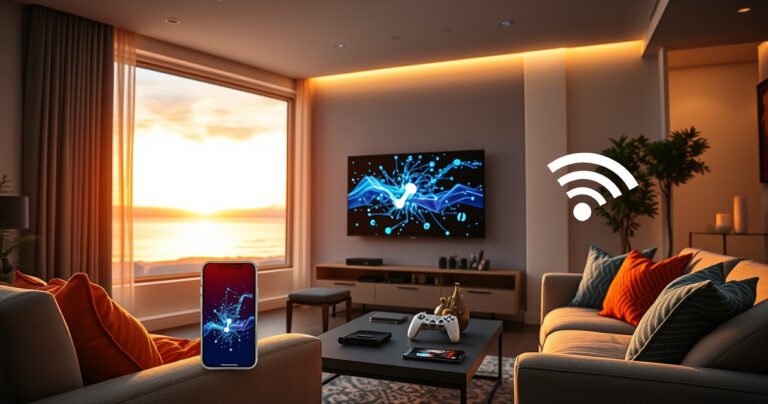 A sleek living room with a modern smart TV displaying a vibrant connection screen, an iPhone glowing with a hotspot icon nearby, cozy couch with colorful cushions, soft ambient lighting, a coffee table displaying tech gadgets, and a window revealing a serene sunset, symbolizing seamless technology integration and modern living.
