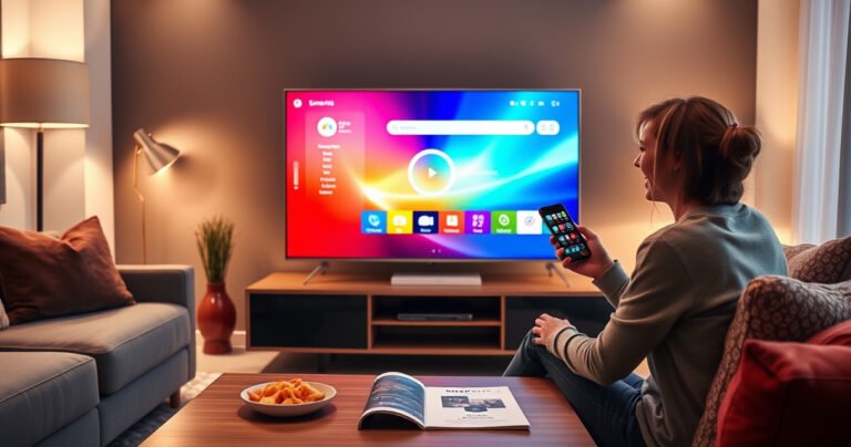 A modern living room with a sleek smart TV displaying a colorful connection interface, surrounded by cozy furniture. A tech-savvy person, holding a smartphone, looks excitedly at the screen. Soft ambient lighting enhances the atmosphere, while a coffee table holds a user manual and snacks. The scene conveys ease and innovation in home entertainment setup.