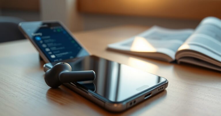 A close-up of sleek Sony earbuds resting on a wooden table, a smartphone displaying Bluetooth settings beside them. Soft morning light filters through a nearby window, illuminating the earbuds’ glossy finish. In the background, an open user manual lies partially visible, adding a touch of warmth and inviting clarity to the scene.