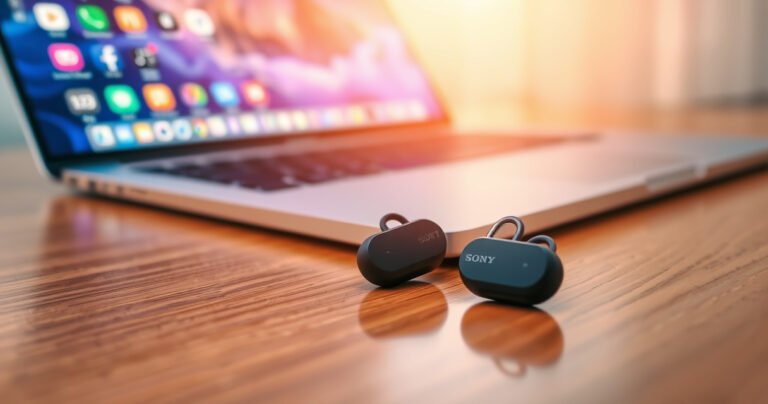 A close-up of sleek Sony earbuds resting on a polished wooden desk beside an open laptop, with vibrant sound waves visually emanating from the earbuds, a soft glow illuminating the scene, and colorful app icons scattered around the laptop screen, creating an inviting tech-savvy atmosphere.