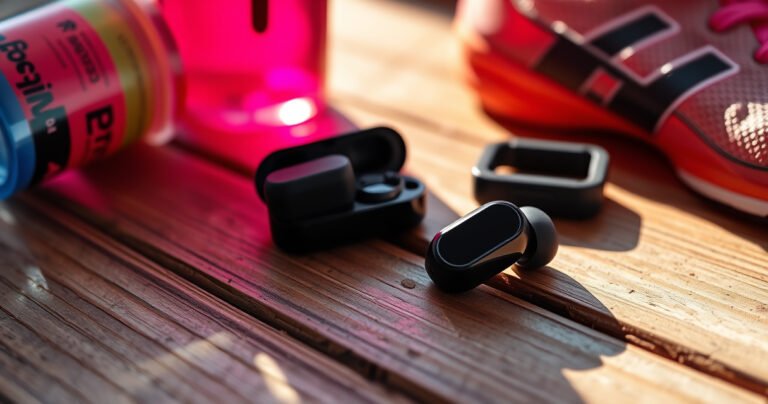 A close-up of sleek, modern true wireless earbuds resting on a textured wooden table, surrounded by vibrant sports gear like a colorful water bottle, a running shoe, and a fitness tracker, with a soft sunlight streaming in, casting gentle shadows, emphasizing the earbuds' advanced technology and style, inviting readers to explore the article on connectivity.