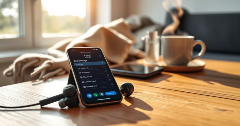 A close-up view of a sleek pair of TWS earbuds resting on a stylish wooden table, with an iPhone displaying the Bluetooth settings screen nearby. Soft morning light filters through a window, casting gentle shadows, while a cozy blanket and a steaming cup of coffee add warmth to the scene.