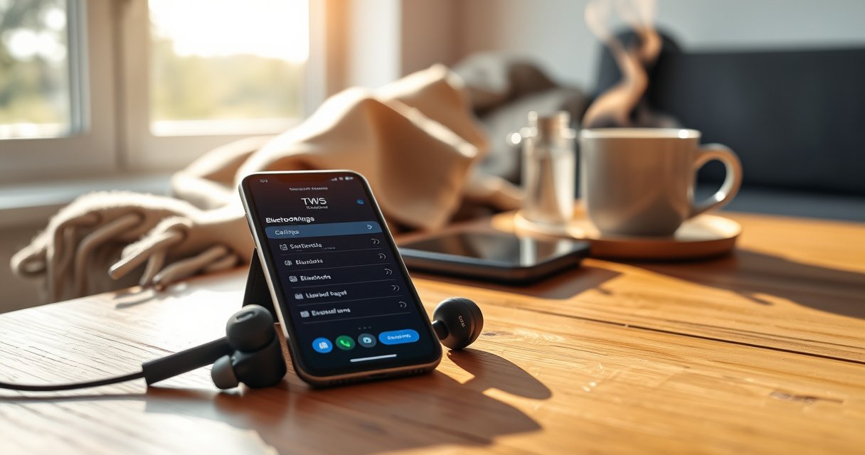 A close-up view of a sleek pair of TWS earbuds resting on a stylish wooden table, with an iPhone displaying the Bluetooth settings screen nearby. Soft morning light filters through a window, casting gentle shadows, while a cozy blanket and a steaming cup of coffee add warmth to the scene.