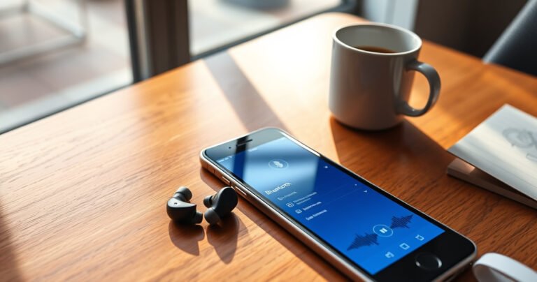 A sleek pair of ThinkPlus earbuds resting elegantly on a polished wooden table, next to a glowing iPhone displaying the Bluetooth settings screen. Soft morning light filters through a nearby window, casting gentle shadows, while a stylish coffee mug and a notepad with sketches of sound waves complete the inviting tech-savvy scene.
