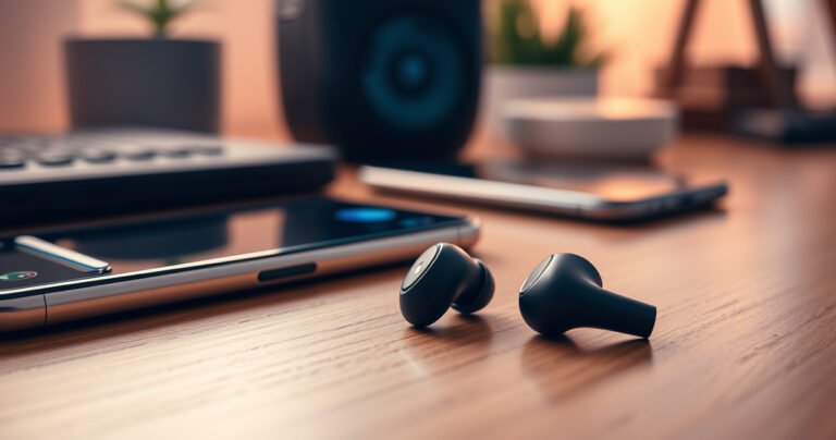 A close-up of sleek, modern wireless earbuds resting on a minimalist wooden desk, surrounded by a smartphone displaying a vibrant connection interface. Soft, warm lighting illuminates the scene, highlighting the earbuds' design and the tech-savvy atmosphere, with hints of a cozy workspace in the background, inviting readers into the world of seamless audio experience.