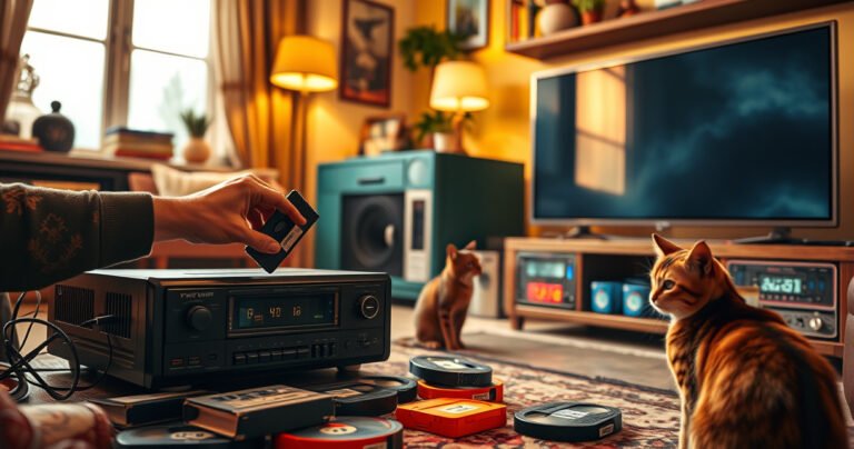 A nostalgic living room scene featuring a vintage VHS player connected to a sleek modern smart TV. The room is warmly lit, with retro decor, colorful VHS tapes scattered around, and a curious cat observing. A hand is seen reaching for a tape, bridging the old and new technology in a cozy, inviting atmosphere.