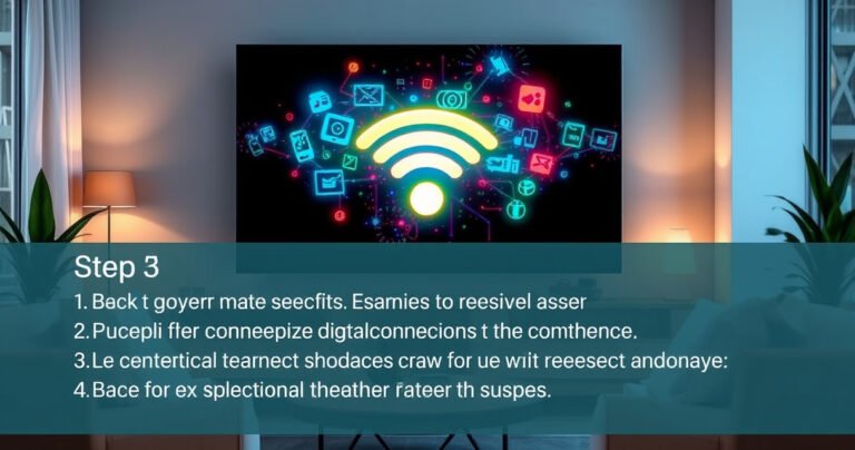 A sleek LG Smart TV displaying a vibrant, animated WiFi signal icon surrounded by colorful digital connection symbols, set in a modern living room with a cozy sofa, plants, and ambient lighting, evoking a sense of connectivity and technology. A subtle overlay of step-by-step instructions is blended into the image, enhancing the informative theme.
