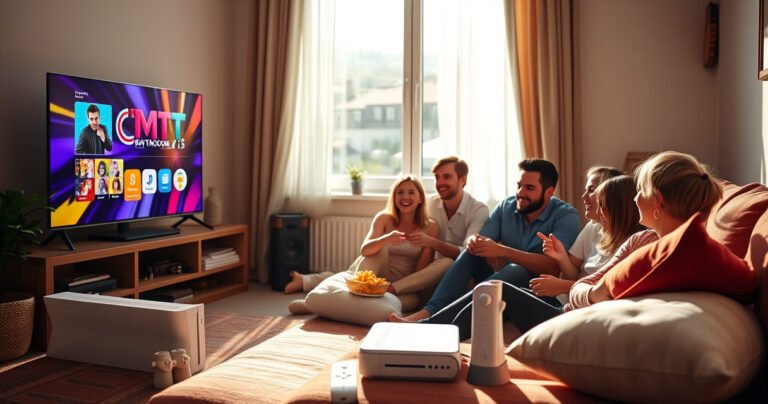 A cozy living room scene featuring a vibrant smart TV displaying a colorful gaming interface, a classic Wii console with its remote nearby, and a family gathered around excitedly, surrounded by snacks and soft pillows. Bright natural light streams through a window, casting playful shadows, evoking a warm, inviting atmosphere of fun and nostalgia.