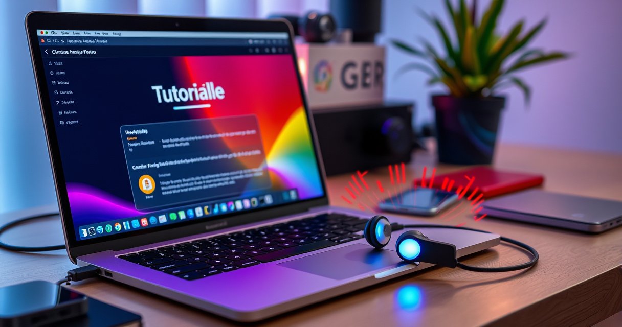 An open laptop displaying a vibrant tutorial interface, next to a sleek pair of wireless earphones glowing softly, with animated connection icons and colorful sound waves radiating around them, set on a modern desk adorned with technology gadgets and a potted plant, creating a visually engaging, tech-savvy atmosphere.