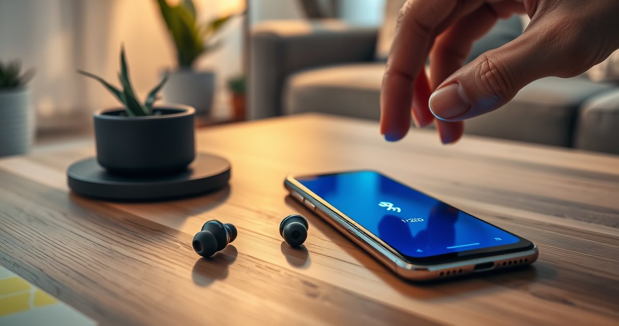 A close-up of sleek wireless earphones resting on a stylish wooden table beside a modern smartphone, both illuminated by soft, warm light. A hand reaches towards the phone, displaying a vibrant Bluetooth connection screen. In the background, hints of a cozy living room with plants and soft textiles create an inviting atmosphere.