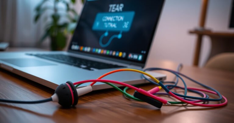 A close-up of a sleek laptop on a wooden desk, with vibrant earphones beside it, colorful cables intertwined. Soft, ambient light illuminates the scene, highlighting the laptop screen displaying a clear connection tutorial. A cozy home setting with a potted plant in the background, inviting a sense of ease and accessibility for tech users.