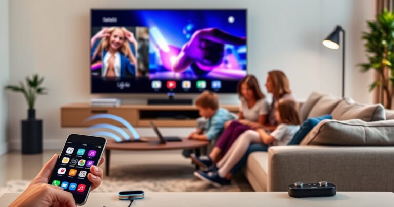 A modern living room with a sleek smart TV displaying vibrant visuals, a smartphone connecting wirelessly, colorful app icons glowing, soft ambient lighting, a cozy couch with tech gadgets scattered around, a family joyfully interacting with the TV interface, showcasing the seamless integration of technology in everyday life.