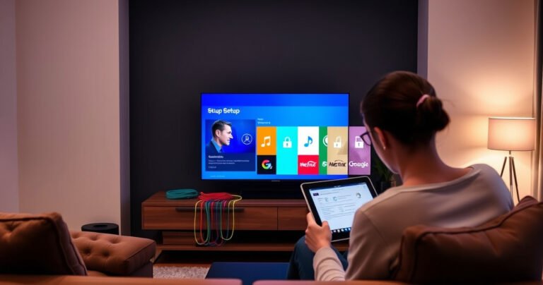 A modern living room with a sleek smart TV displaying a vibrant setup screen, colorful cables neatly organized, a person focused on their tablet for instructions, cozy furniture, soft ambient lighting, and a tech-savvy atmosphere that invites viewers to learn and connect effortlessly.