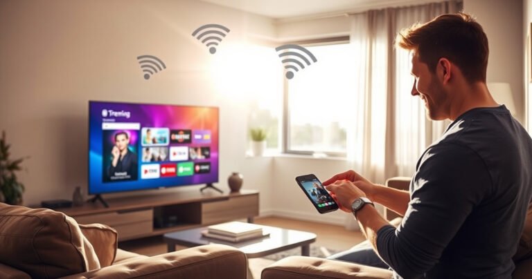A modern living room with a sleek smart TV displaying a vibrant streaming interface, surrounded by cozy furniture. Wi-Fi symbols float in the air, illustrating a strong wireless connection. Sunlight streams through a window, reflecting off the TV screen, while a person happily adjusts settings on a smartphone, embodying the ease of connectivity.