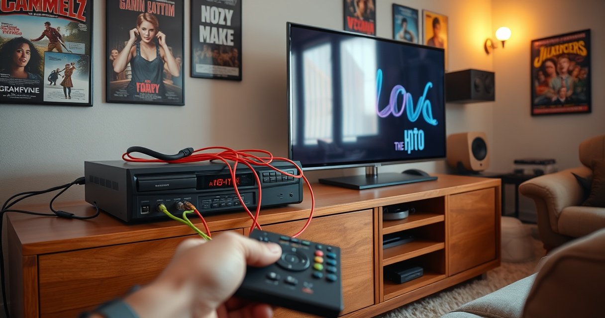 A cozy living room with a retro VCR and a modern smart TV on a stylish wooden entertainment center. Brightly colored cables intertwine between the two devices, while a hand holds a remote control. An inviting atmosphere with soft lighting, a plush sofa, and nostalgic movie posters on the walls, evoking a blend of vintage and contemporary technology.